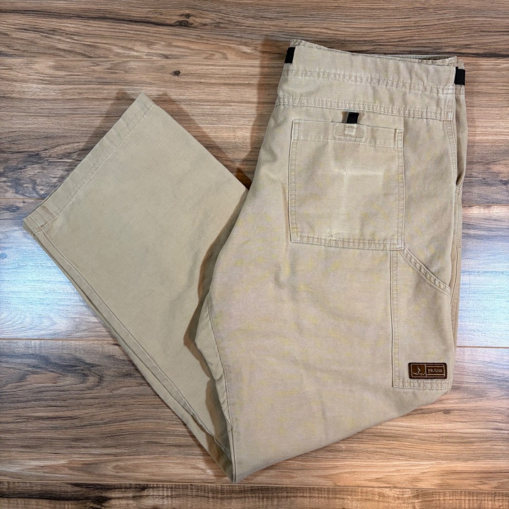 VTG prAna Climbing Pants Mens XL 36x30 Tan Cotton Canvas Made in USA Hiking